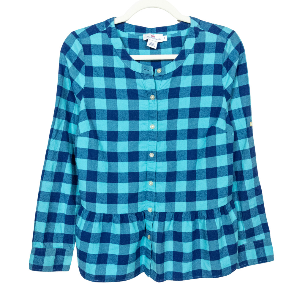 VINEYARD VINES Blue Flannel Buffalo Check Peplum Hem Button Down Shirt Women's 2